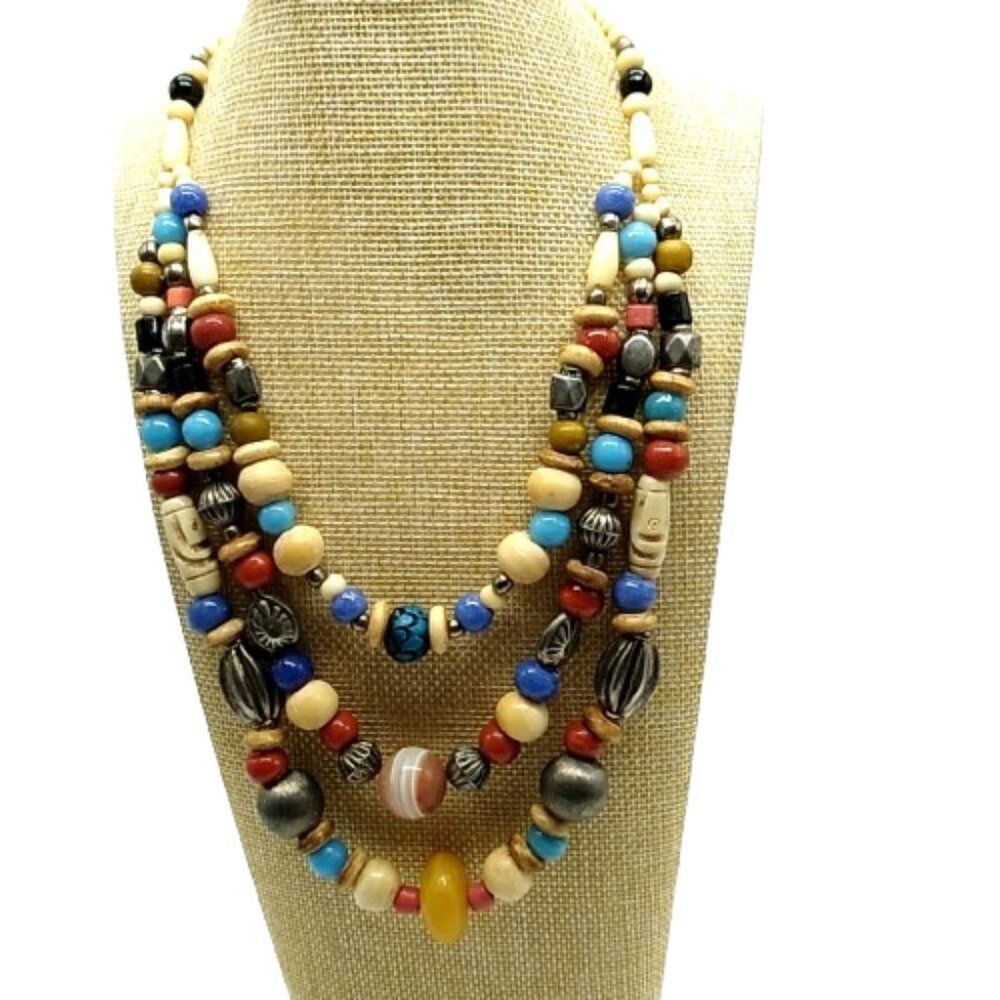 Statement Necklace 3 Strand Nickle-free Metal, Resin, Glass and Wood beads 18"